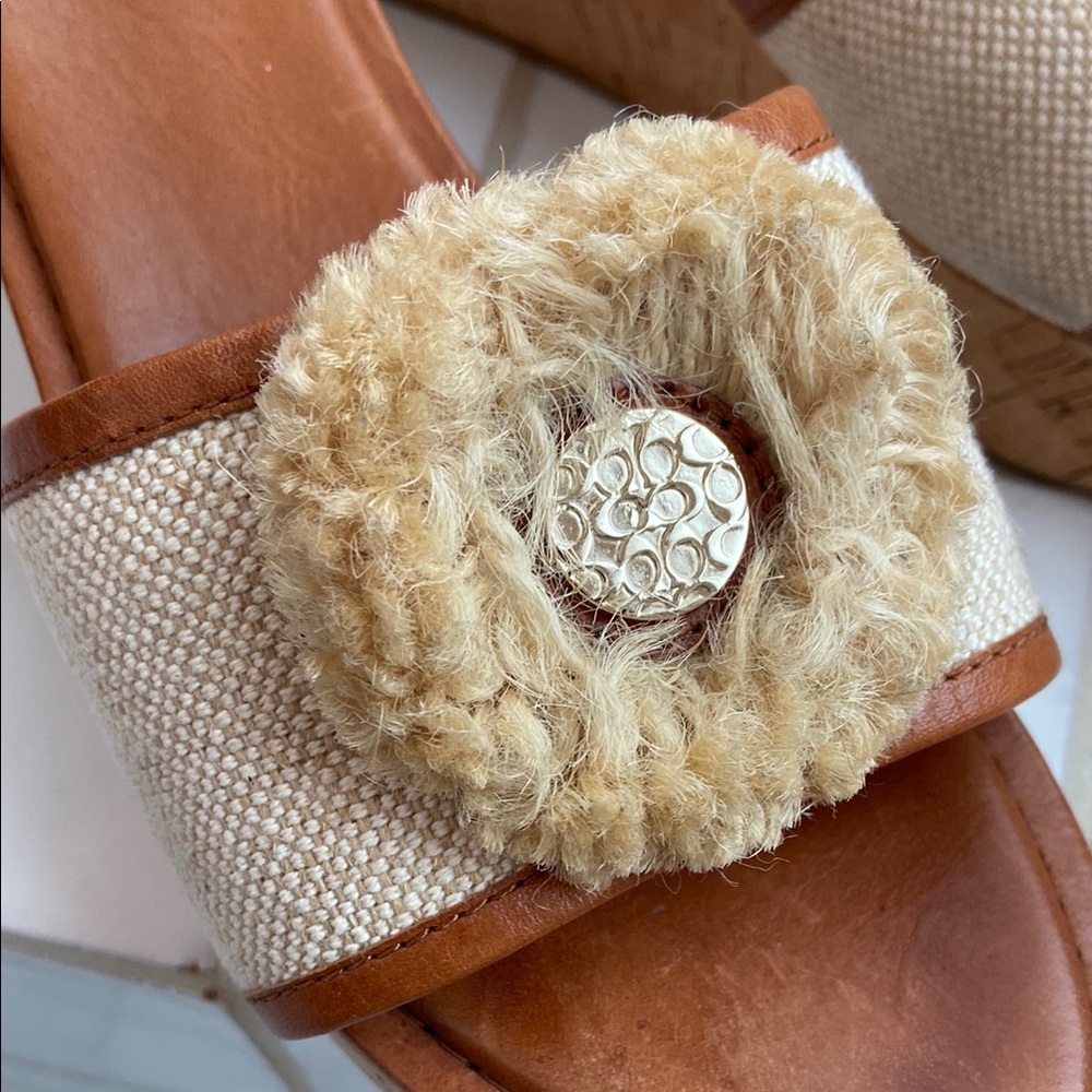 Coach Tan and Cream Slide Wedge Sandals with Rosette Detail - Picture 3 of 6